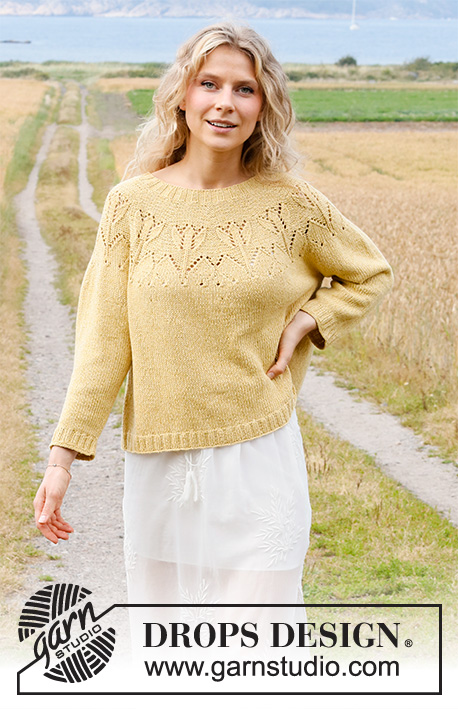 Yellow Tulip / DROPS 222-4 - Gestrickter Pullover in DROPS Belle oder DROPS Merino Extra Fine. Die Arbeit wird mit Rundpasse, Lochmuster und ¾ langen Ärmeln gestrickt. Größe S - XXXL.