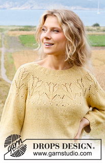 Yellow Tulip / DROPS 222-4 - Gestrickter Pullover in DROPS Belle oder DROPS Merino Extra Fine. Die Arbeit wird mit Rundpasse, Lochmuster und ¾ langen Ärmeln gestrickt. Größe S - XXXL.