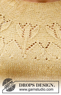Yellow Tulip / DROPS 222-4 - Gestrickter Pullover in DROPS Belle oder DROPS Merino Extra Fine. Die Arbeit wird mit Rundpasse, Lochmuster und ¾ langen Ärmeln gestrickt. Größe S - XXXL.