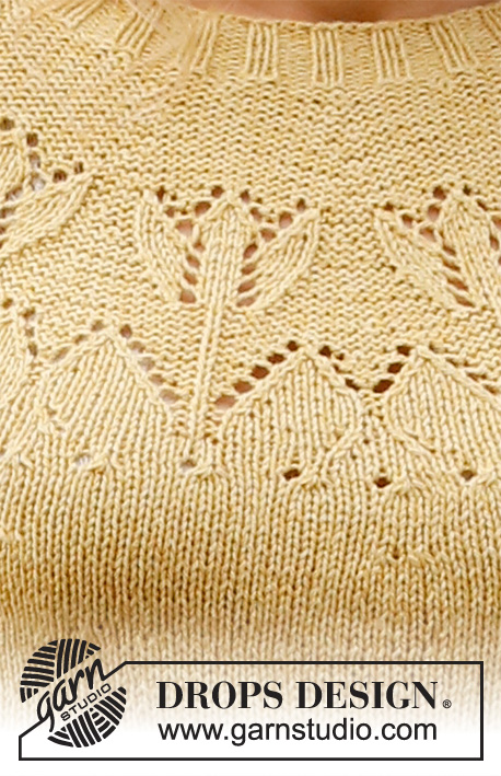 Yellow Tulip / DROPS 222-4 - Gestrickter Pullover in DROPS Belle oder DROPS Merino Extra Fine. Die Arbeit wird mit Rundpasse, Lochmuster und ¾ langen Ärmeln gestrickt. Größe S - XXXL.