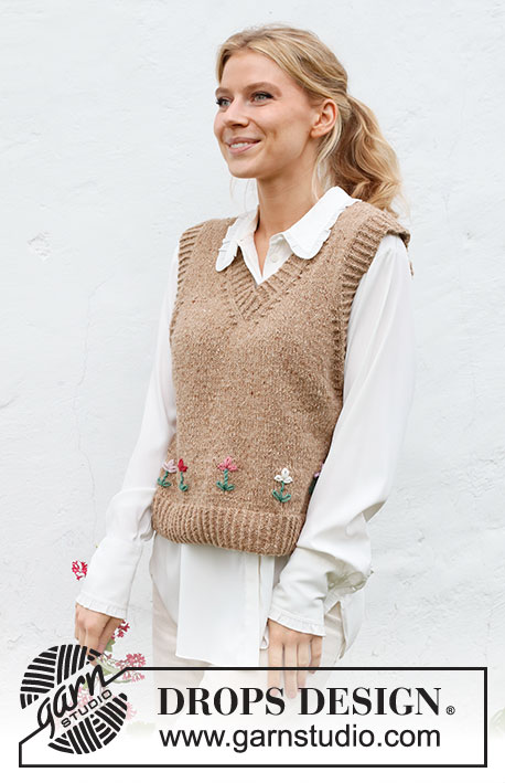 May Flowers Vest / DROPS 222-42 - Chaleco / slipover de punto en DROPS Soft Tweed. La pieza está tejida con escote en V, orillas en resorte y flores bordadas. Tallas S – XXXL. Tema: Bordado.