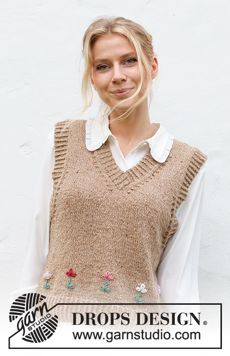 May Flowers Vest / DROPS 222-42 - Chaleco / slipover de punto en DROPS Soft Tweed. La pieza está tejida con escote en V, orillas en resorte y flores bordadas. Tallas S – XXXL. Tema: Bordado.
