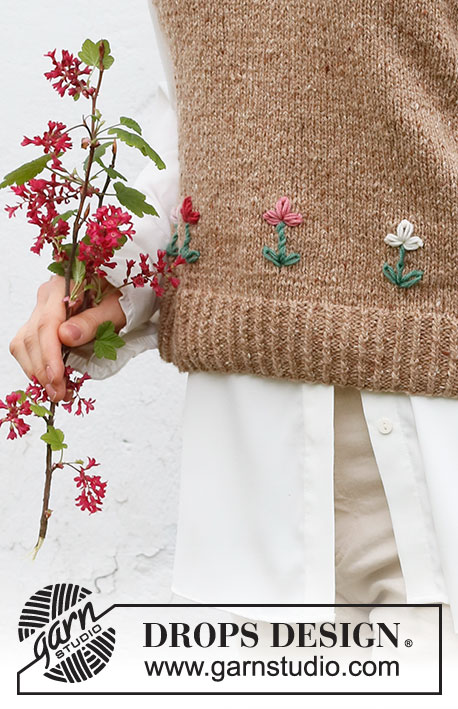 May Flowers Vest / DROPS 222-42 - Chaleco / slipover de punto en DROPS Soft Tweed. La pieza está tejida con escote en V, orillas en resorte y flores bordadas. Tallas S – XXXL. Tema: Bordado.