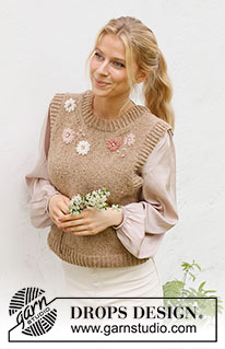 Flower Harmony Vest / DROPS 222-43 - Chaleco / chaleco sin mangas de punto en DROPS Soft Tweed. La pieza está tejida con orillas en resorte, flores bordadas y nudos franceses. Tallas S – XXXL.