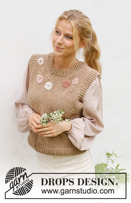 Flower Harmony Vest / DROPS 222-43 - Chaleco / chaleco sin mangas de punto en DROPS Soft Tweed. La pieza está tejida con orillas en resorte, flores bordadas y nudos franceses. Tallas S – XXXL.