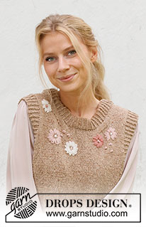 Flower Harmony Vest / DROPS 222-43 - Chaleco / chaleco sin mangas de punto en DROPS Soft Tweed. La pieza está tejida con orillas en resorte, flores bordadas y nudos franceses. Tallas S – XXXL.