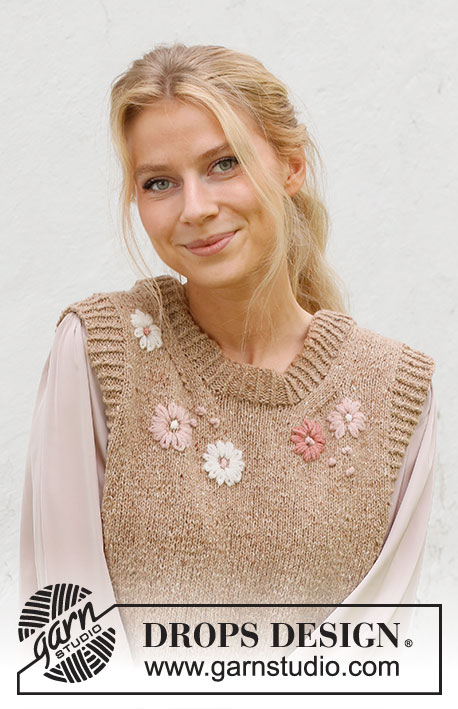 Flower Harmony Vest / DROPS 222-43 - Chaleco / chaleco sin mangas de punto en DROPS Soft Tweed. La pieza está tejida con orillas en resorte, flores bordadas y nudos franceses. Tallas S – XXXL.