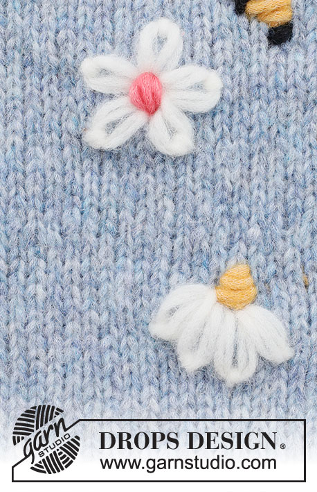 Bee Season / DROPS 222-44 - Broderad blomma och broderat bi i DROPS Air. Blomman är broderad med kedjestygn och efterstygnsknut. Biet är broderat med plattsöm och kedjestygn till vingar.
Tema: Broderi
