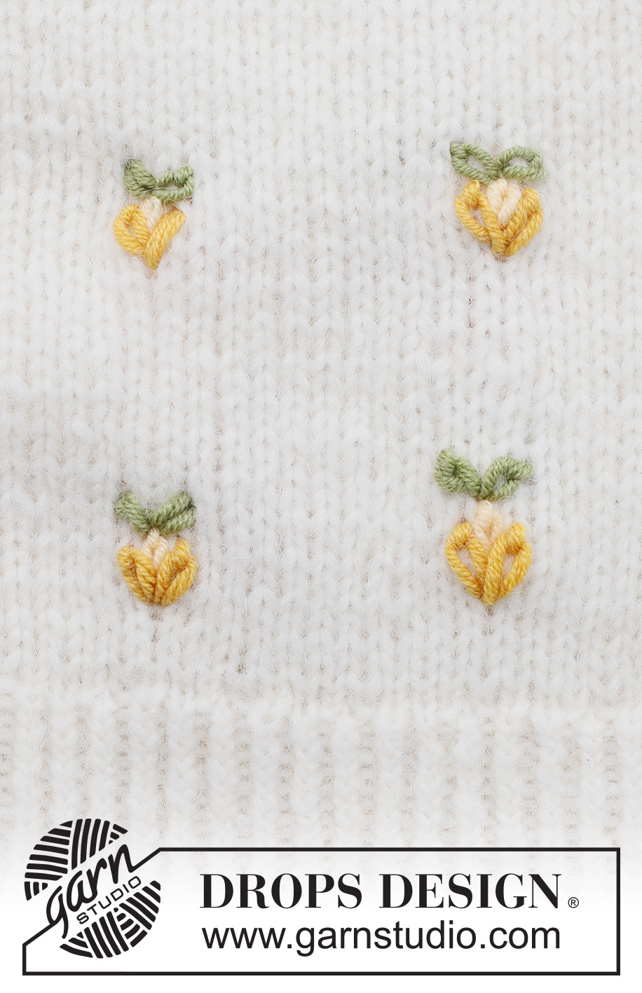 Sweet Lemons / DROPS 222-46 - Kirjottu sitruuna DROPS Merino Extra Fine -langasta. Työssä on ketjupistoja.
Teema: Kirjonta