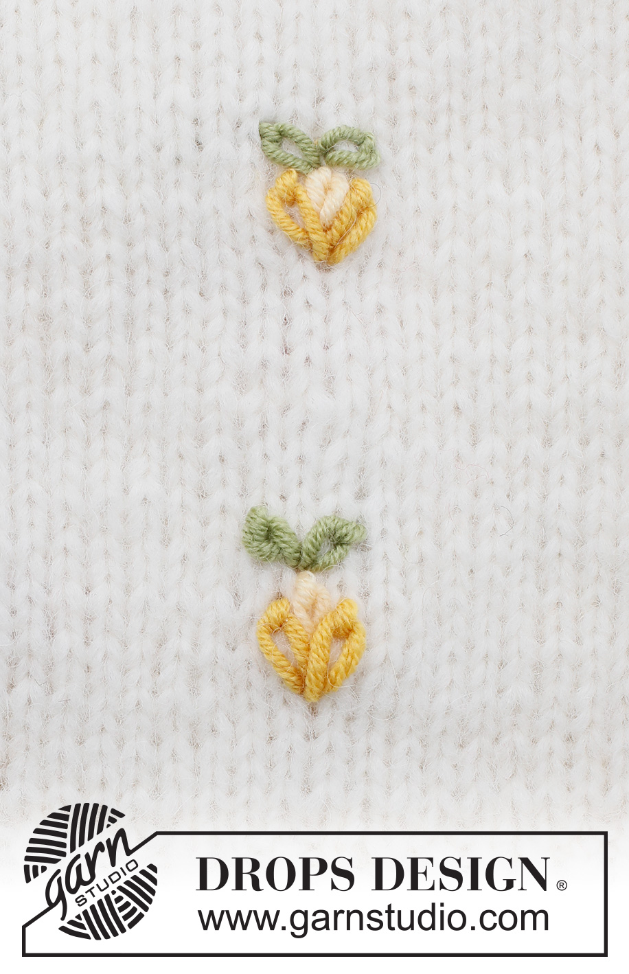 Sweet Lemons / DROPS 222-46 - Kirjottu sitruuna DROPS Merino Extra Fine -langasta. Työssä on ketjupistoja.
Teema: Kirjonta