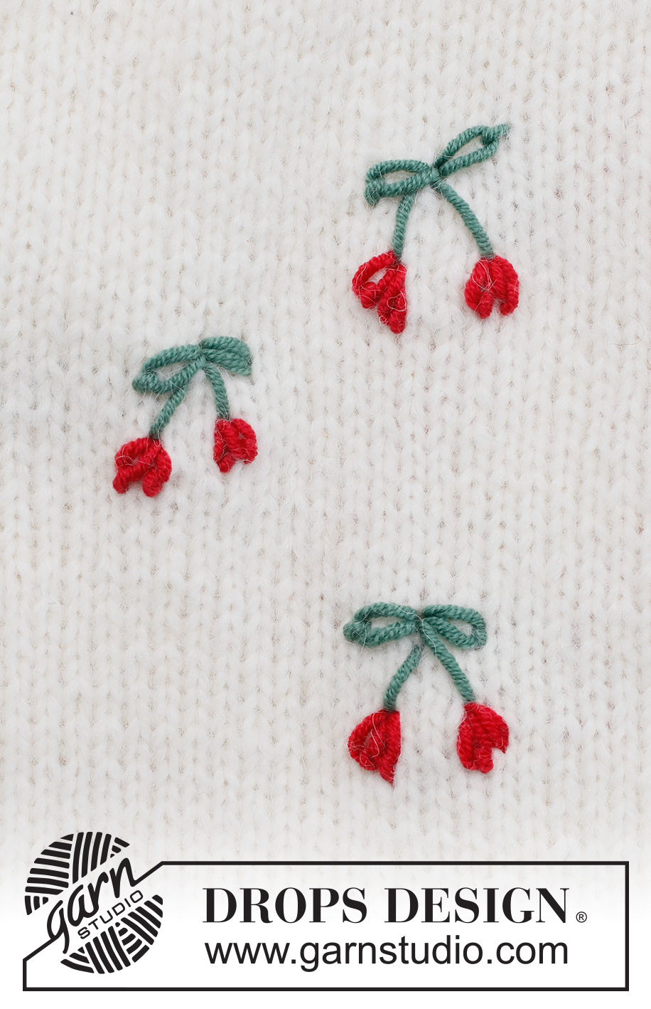 Summer Cherries / DROPS 222-47 - Brodert kirsebær i DROPS Merino Extra Fine. Kirsebærene og bladene er brodert med kjedesting og stilken er brodert med flatesting. 
Tema: Broderi
