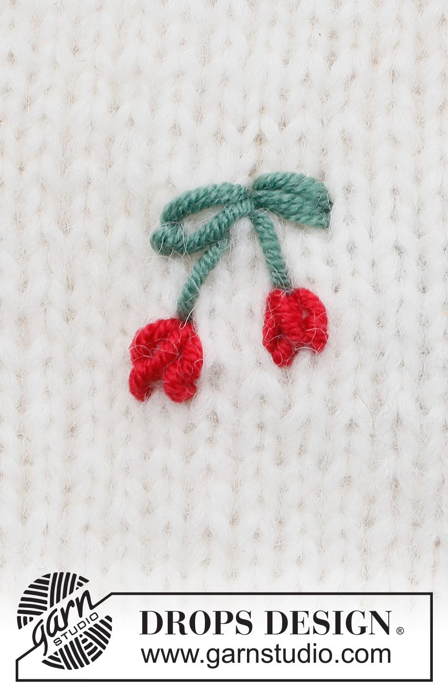 Summer Cherries / DROPS 222-47 - Brodert kirsebær i DROPS Merino Extra Fine. Kirsebærene og bladene er brodert med kjedesting og stilken er brodert med flatesting. 
Tema: Broderi
