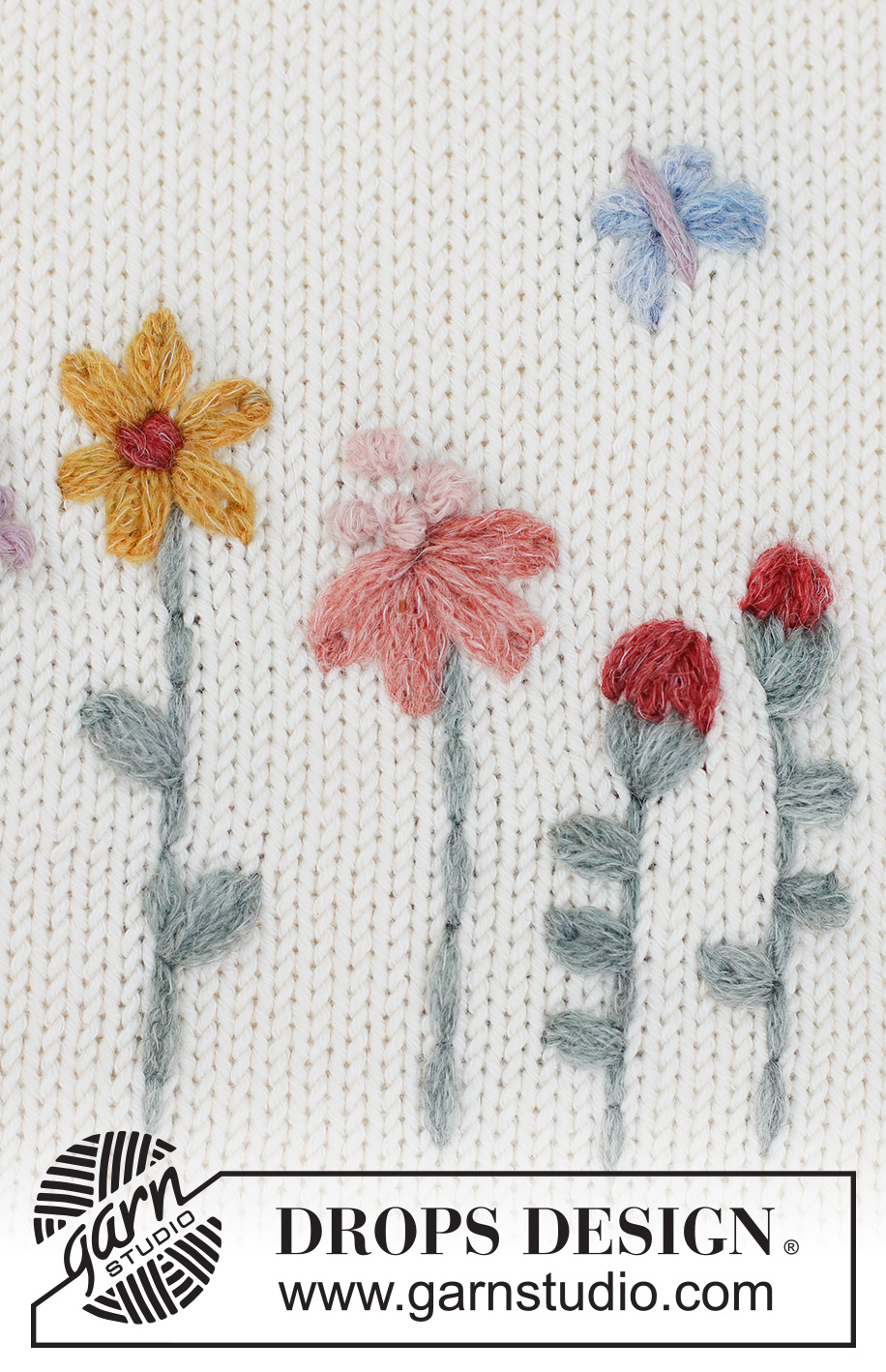 Floral Love / DROPS 222-48 - Fleur et papillon brodés en DROPS SKY, au point de bouclettes, nœud en point arrière, point arrière, point de nœuds et point plat. 
Thème: Broderie