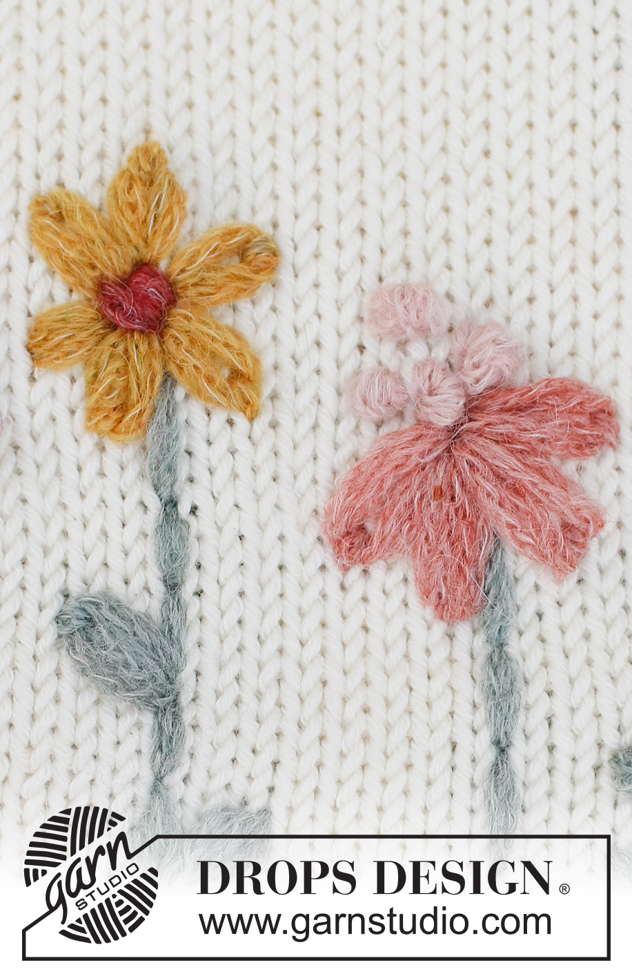 Floral Love / DROPS 222-48 - Fleur et papillon brodés en DROPS SKY, au point de bouclettes, nœud en point arrière, point arrière, point de nœuds et point plat. 
Thème: Broderie