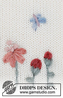 Floral Love / DROPS 222-48 - Fleur et papillon brodés en DROPS SKY, au point de bouclettes, nœud en point arrière, point arrière, point de nœuds et point plat. 
Thème: Broderie