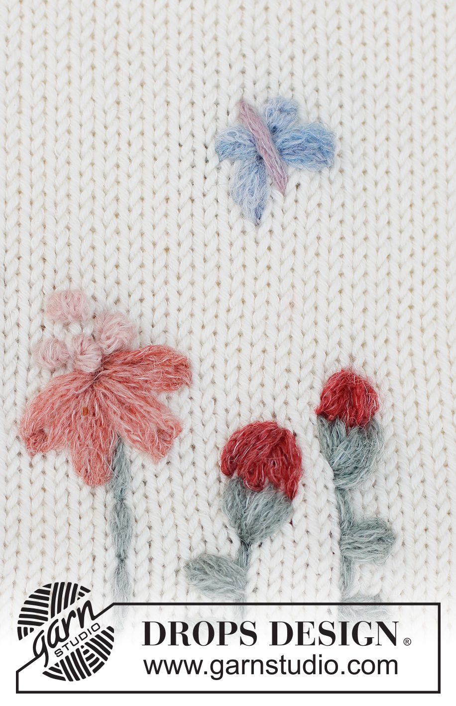 Floral Love / DROPS 222-48 - Fleur et papillon brodés en DROPS SKY, au point de bouclettes, nœud en point arrière, point arrière, point de nœuds et point plat. 
Thème: Broderie