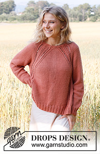 Turning Leaves Sweater / DROPS 222-5 - Ylhäältä alas neulottu pusero DROPS Paris-langasta. Työssä on raglanlinjat ja pitsineuletta. Koot S-XXXL.