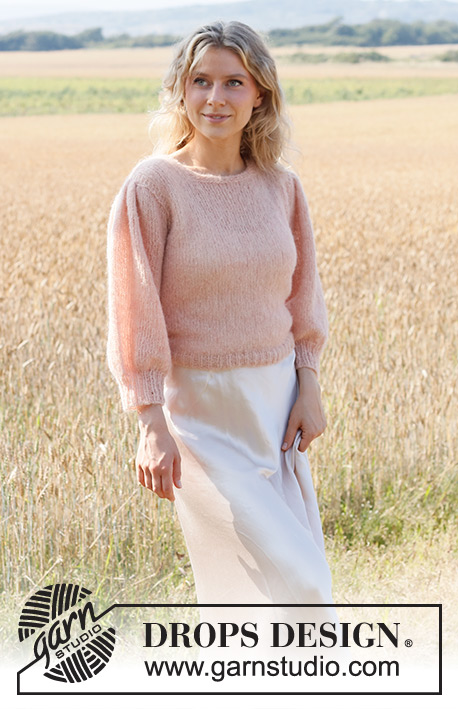 Peaches and Cream / DROPS 223-1 - Stickad tröja i DROPS Brushed Alpaca Silk. Arbetet stickas uppifrån och ner med 
¾-långa puffärmar. Storlek S - XXXL.