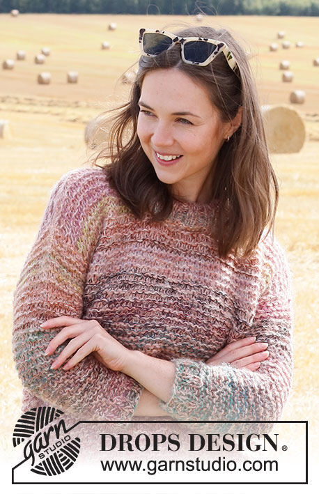 Painted Rose / DROPS 223-14 - Gebreide trui in DROPS Alpaca, DROPS Delight en DROPS Brushed Alpaca Silk.  Het werk wordt gebreid met ribbelsteek en strepen. Maten S - XXXL.