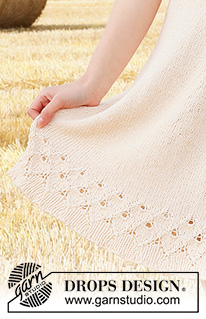 Swing by Spring / DROPS 223-2 - Vestido de punto en DROPS Belle. La pieza está tejida de arriba para abajo con canesú redondo, patrón de calados, patrón de hojas y mangas globo cortas. Tallas: S – XXXL.