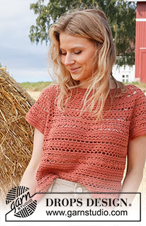 Red River Cave / DROPS 223-28 - Virkad topp i DROPS Safran. Arbetet virkas uppifrån och ner med runt ok och hålmönster. Storlek XS - XXL.