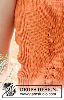 Citrus Sun / DROPS 223-30 - Knitted top in DROPS Safran. The piece is worked in stocking stitch, with V-neck, ribbed edges and small lace sections. Sizes S - XXXL.