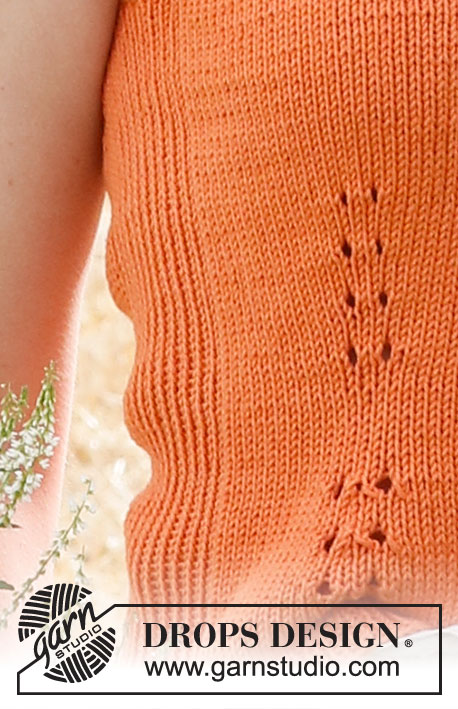 Citrus Sun / DROPS 223-30 - Knitted top in DROPS Safran. The piece is worked in stocking stitch, with V-neck, ribbed edges and small lace sections. Sizes S - XXXL.