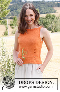Orange Zest / DROPS 223-33 - Gestricktes Top in DROPS Safran. Die Arbeit wird glatt rechts mit Blenden im Rippenmuster und Taillierung mit Lochmuster gestrickt. Größe S - XXXL.