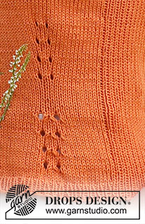 Orange Zest / DROPS 223-33 - Gestricktes Top in DROPS Safran. Die Arbeit wird glatt rechts mit Blenden im Rippenmuster und Taillierung mit Lochmuster gestrickt. Größe S - XXXL.