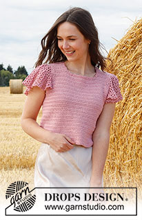 Pink Petunias / DROPS 223-35 - Crocheted top in DROPS Muskat. Piece is crocheted top down with vent mid back of neck and short pouffe sleeves. Size XS–XXL.