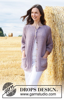 Lavender Pocket / DROPS 223-36 - Gilet tricoté de haut en bas avec emmanchures raglan en côtes et manches ¾, en DROPS Air. Du S au XXXL.