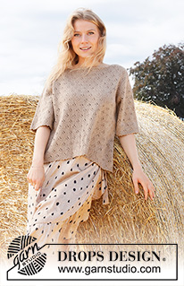 Country Roads / DROPS 223-6 - Strikket bluse i DROPS Flora. Arbejdet strikkes med hulmønster og korte ærmer. Størrelse XS – XXL.