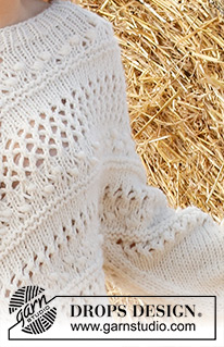Northern Spring / DROPS 223-8 - Ylhäältä alas neulottu pusero 2-kertaisesta DROPS Sky-langasta. Työ neulotaan eri suuntiin ja työssä on pitsineuletta ja solmuja. Koot XS - XXL.