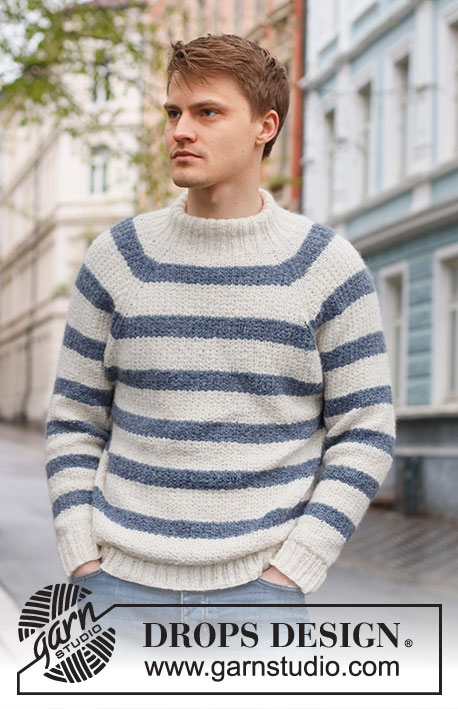 Sjøbris / DROPS 224-1 - Strikket genser til herre i DROPS Sky. Arbeidet strikkes ovenfra og ned med raglan, striper og strukturmønster. Størrelse S - XXXL.