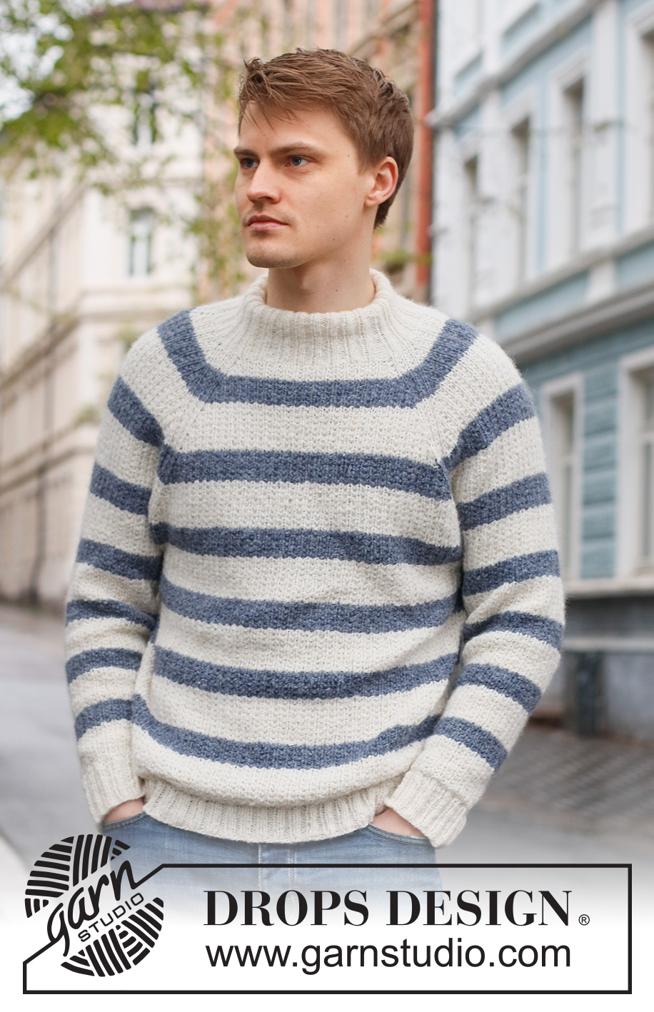 Sjøbris / DROPS 224-1 - Strikket genser til herre i DROPS Sky. Arbeidet strikkes ovenfra og ned med raglan, striper og strukturmønster. Størrelse S - XXXL.