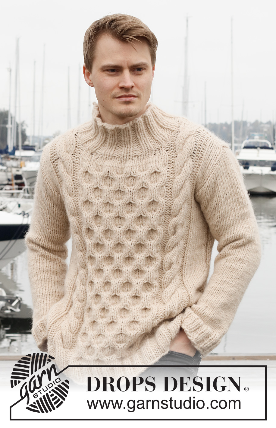 Winter Hive / DROPS 224-15 - Strikket genser til herre i DROPS Wish. Arbeidet strikkes med fletter, bikube mønster og høy hals. Størrelse S - XXXL.