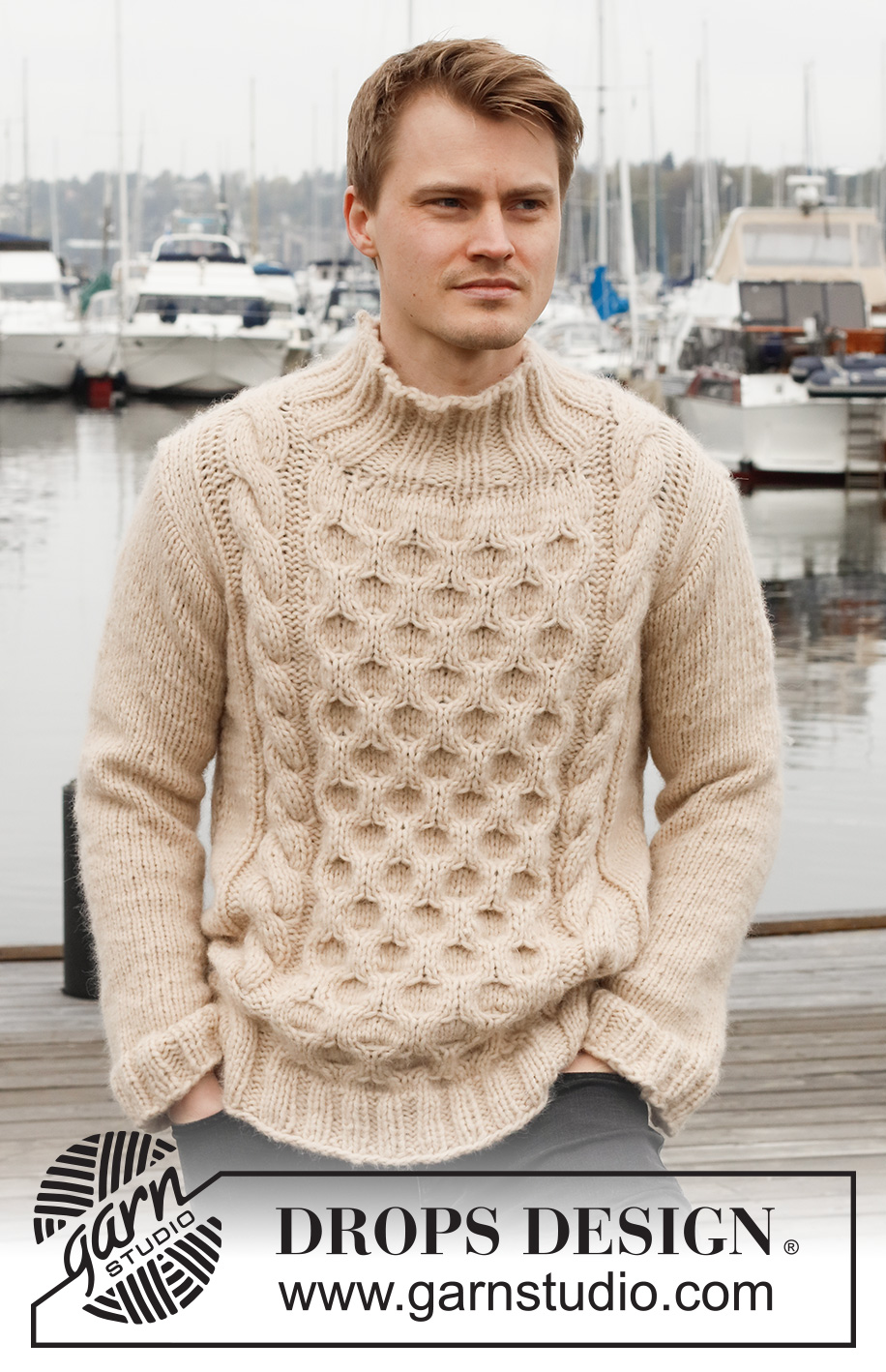 Winter Hive / DROPS 224-15 - Strikket genser til herre i DROPS Wish. Arbeidet strikkes med fletter, bikube mønster og høy hals. Størrelse S - XXXL.