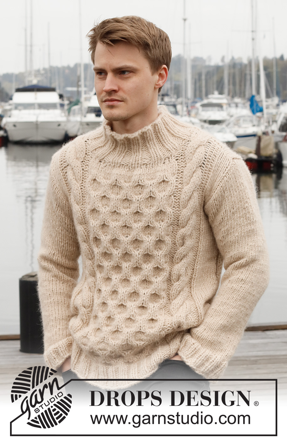 Winter Hive / DROPS 224-15 - Strikket genser til herre i DROPS Wish. Arbeidet strikkes med fletter, bikube mønster og høy hals. Størrelse S - XXXL.