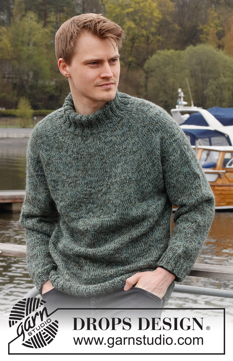 Lucky Wish / DROPS 224-21 - Gestrickter Pullover für Herren in 2 Fäden DROPS Alpaca. Die Arbeit wird von oben nach unten mit doppelter Halsblende und Rundpasse gestrickt. Größe S - XXXL.