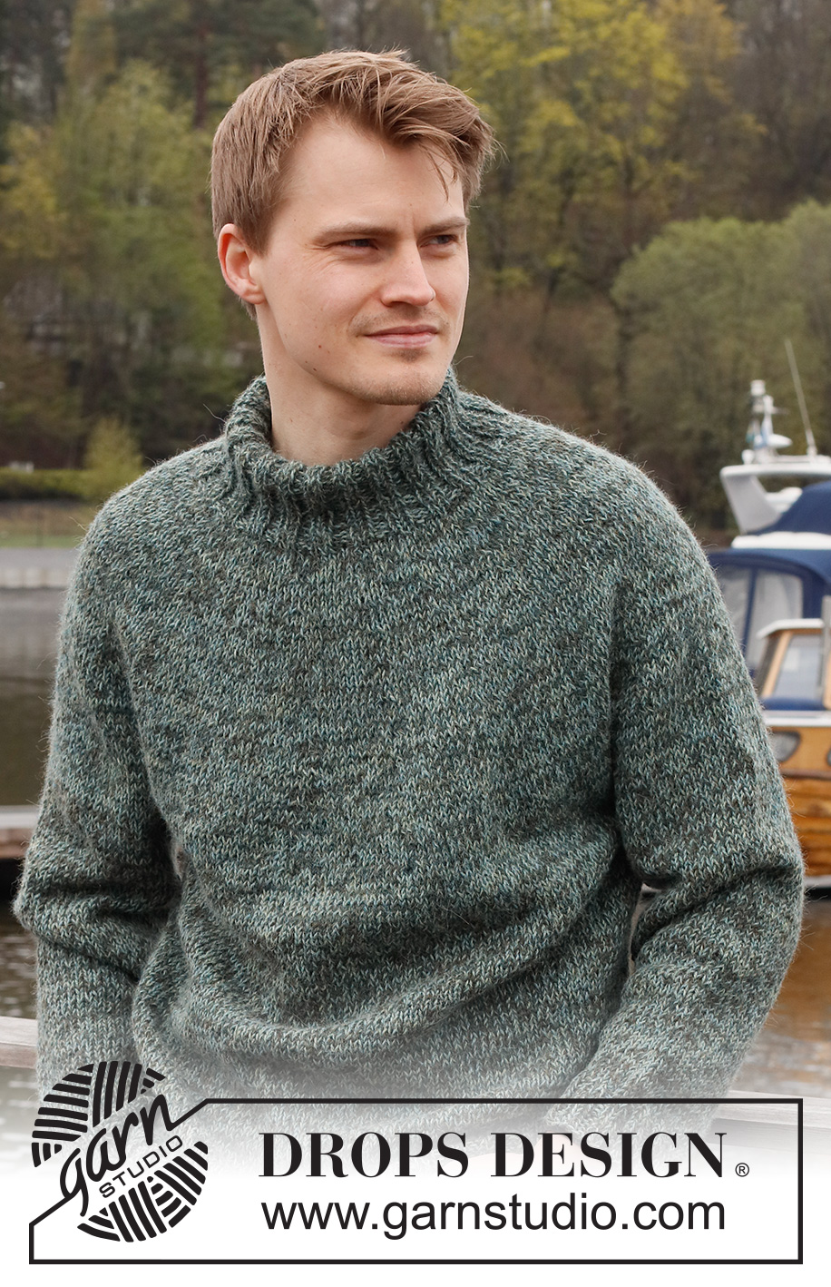 Lucky Wish / DROPS 224-21 - Gestrickter Pullover für Herren in 2 Fäden DROPS Alpaca. Die Arbeit wird von oben nach unten mit doppelter Halsblende und Rundpasse gestrickt. Größe S - XXXL.