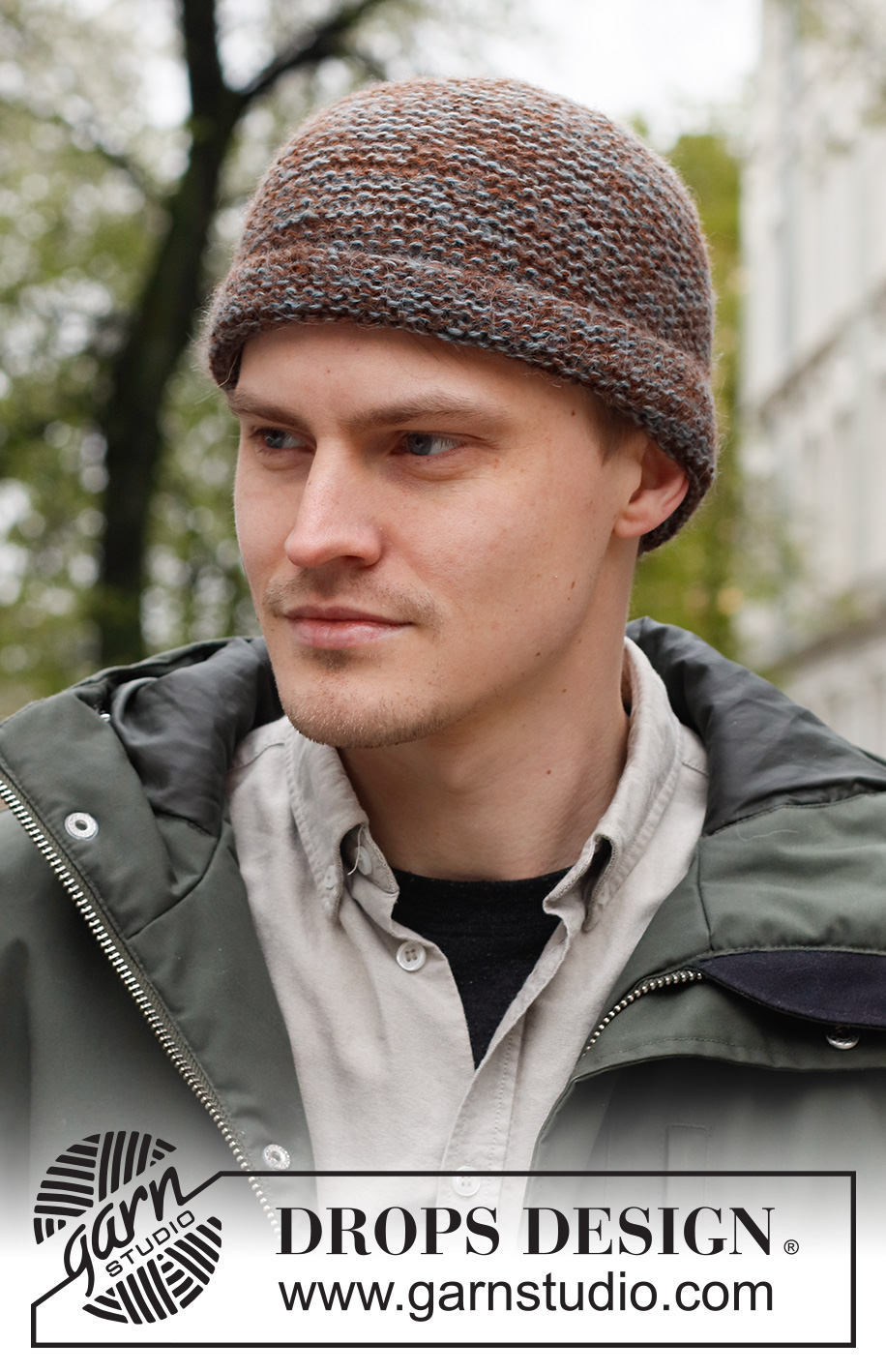 Firewood Hat / DROPS 224-26 - Knitted hat for men, with garter stitch and turn-up in 2 strands DROPS Alpaca.