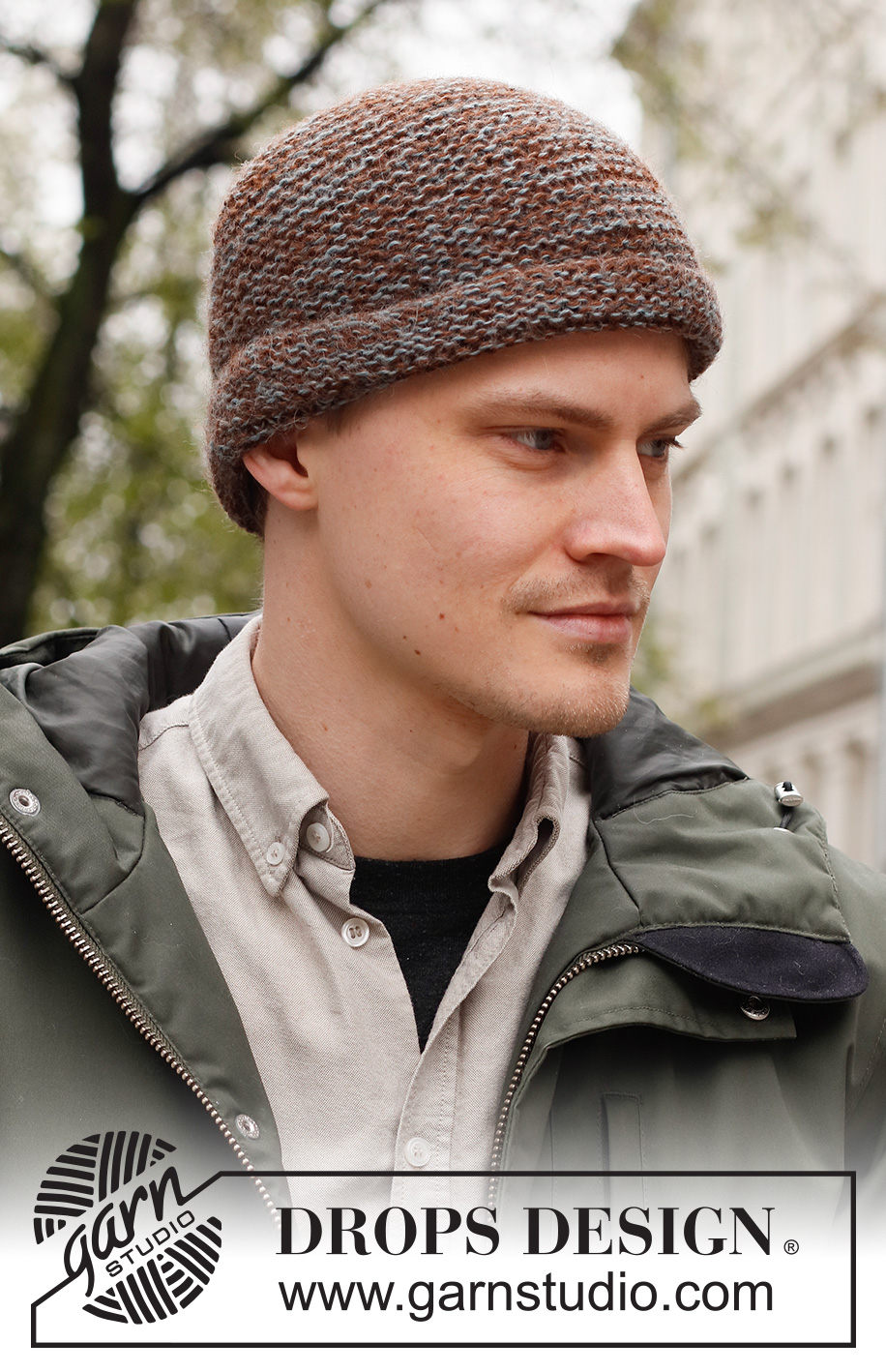 Firewood Hat / DROPS 224-26 - Knitted hat for men, with garter stitch and turn-up in 2 strands DROPS Alpaca.