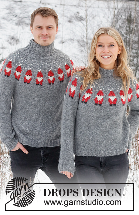 Merry Santas / DROPS 224-5 - Knitted sweater for men in DROPS Air. The piece is worked top down, with round yoke and Santa pattern. Sizes S - XXXL. Theme: Christmas.