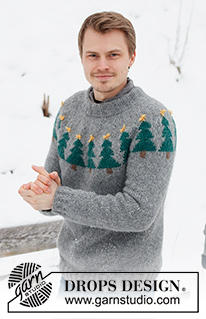 Merry Trees / DROPS 224-6 - Gestrickter Pullover mit Wintermotiv / Weihnachtspullover für Herren in DROPS Air. Die Arbeit wird von oben nach unten mit Rundpasse und Weihnachtsbaum – Motiv gestrickt. Größe S - XXXL. Thema: Weihnachten.
