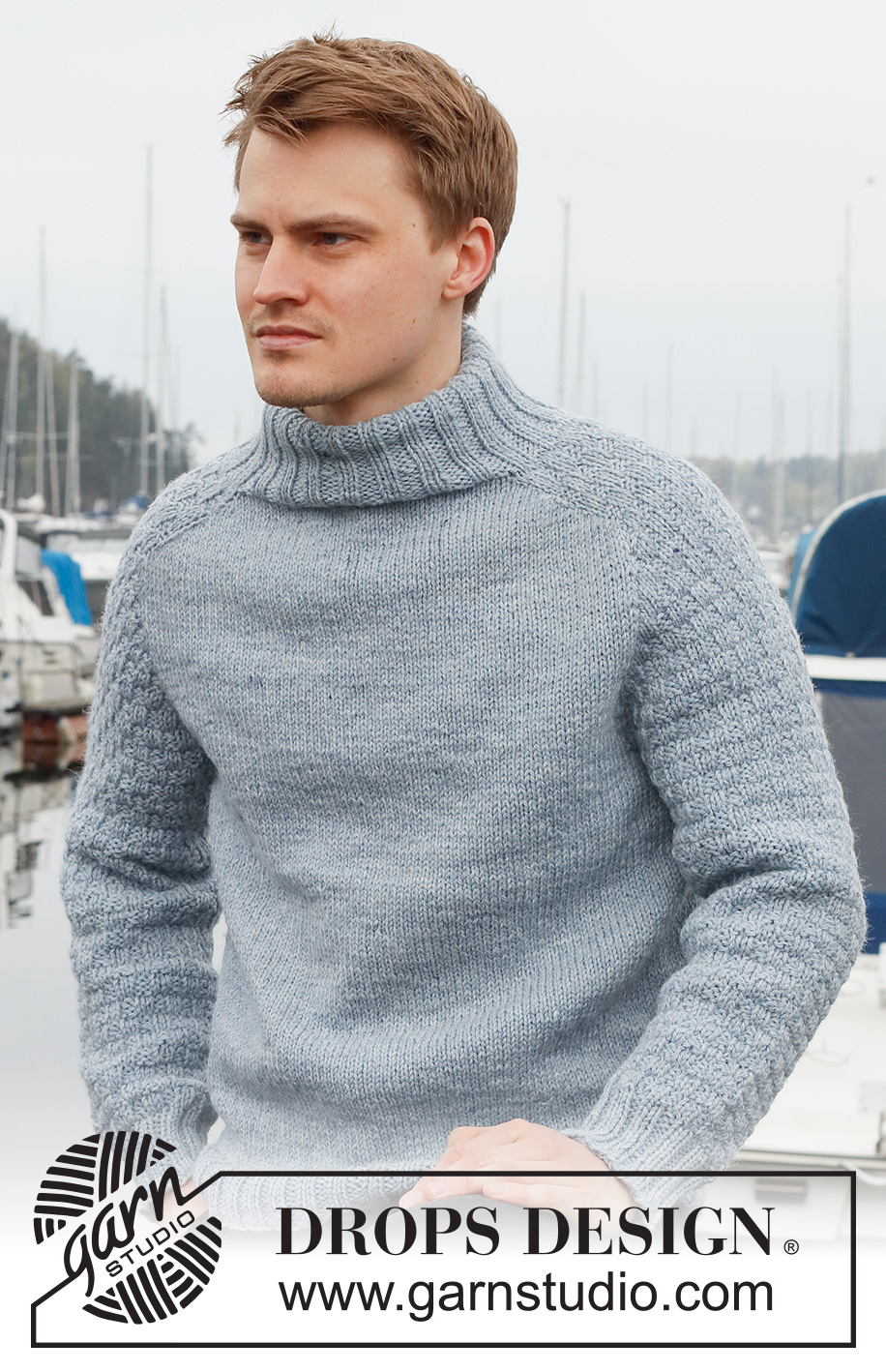 Winter Winds / DROPS 224-7 - Jersey de punto para hombre en DROPS Nepal. La prenda está realizada de arriba abajo, con el cuello doble, los hombros martillo y el patrón de textura en las mangas. Tallas: S-XXXL