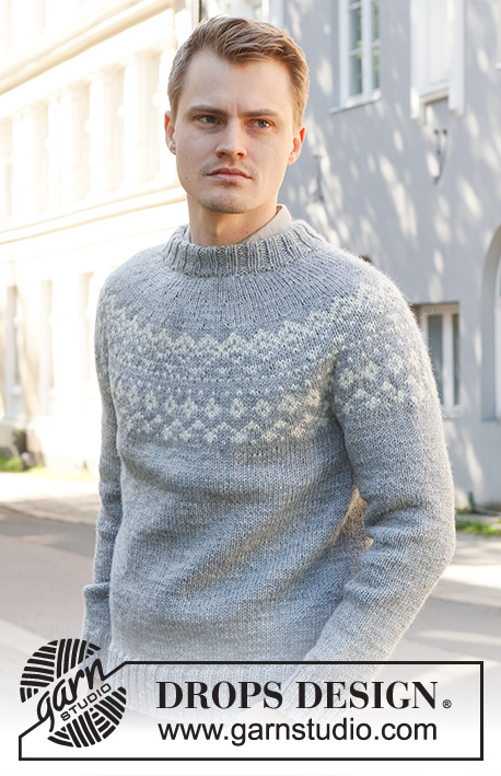 Atlanterhavsveien / DROPS 224-9 - Knitted jumper for men in DROPS Alaska. The piece is worked top down, with double neck, round yoke and Nordic pattern on the yoke. Sizes S - XXXL.