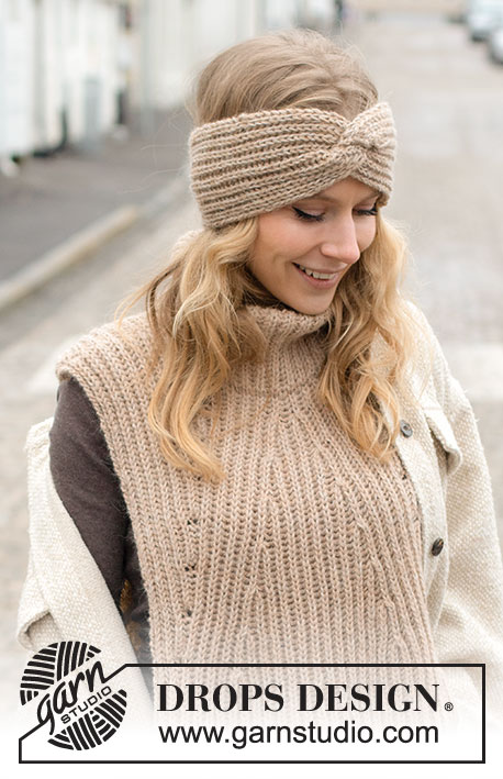 Sugar Cane Set / DROPS 225-13 - Gebreide hoofdband en top in 2 draden DROPS Alpaca. Het werk wordt gebreid met Engelse patentsteek, kabels en verschuivingen. Maten S tot XXXL.