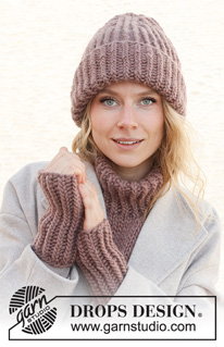 Winter Trifecta / DROPS 225-17 - Bonnet, plastron et manchettes tricotés en DROPS Snow ou DROPS Wish. Se tricote en côtes.