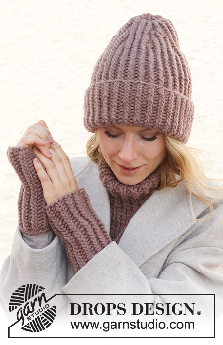 Winter Trifecta / DROPS 225-17 - Bonnet, plastron et manchettes tricotés en DROPS Snow ou DROPS Wish. Se tricote en côtes.
