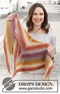 New Sunrise / DROPS 225-18 - Strikket sjal i 2 tråder DROPS Kid-Silk. Arbeidet strikkes ovenfra og ned i riller og striper.